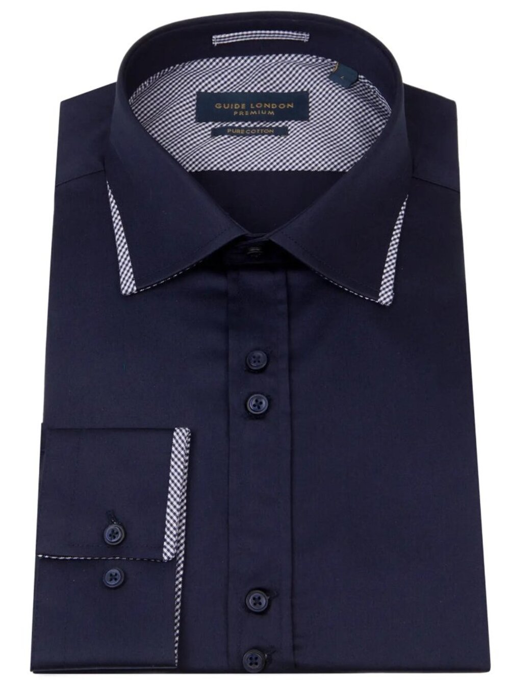 Guide London Navy With Gingham Detail Long Sleeve Button Up Shirt/0488